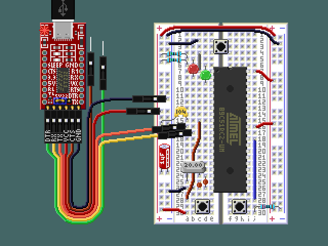 The completed circuit, powered on and ready for programming.