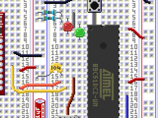 The AT89C51RC2 with external components on a solderless breadboard.