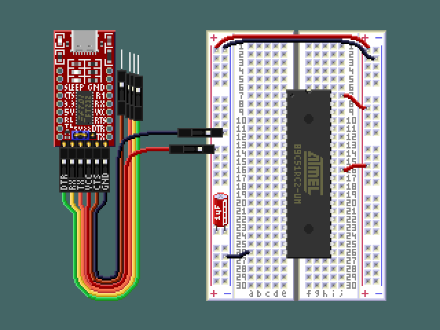 Breadboard with microcontroller and power supply.