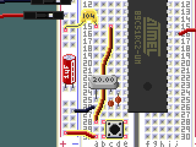 Detail view of the reset circuit components on the breadboard.