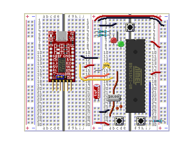 The AT89C51RC2 with external components on a solderless breadboard.