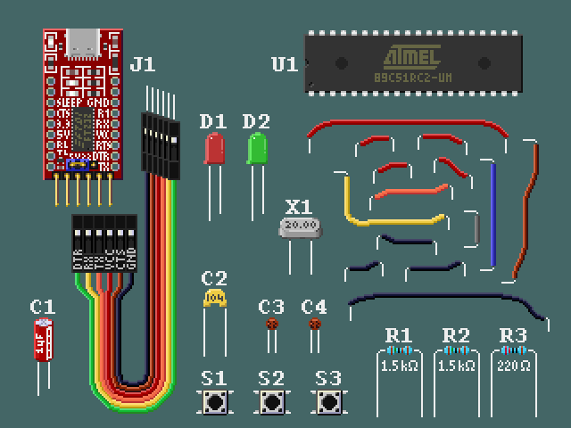 Electronic components from the parts list, neatly arranged.