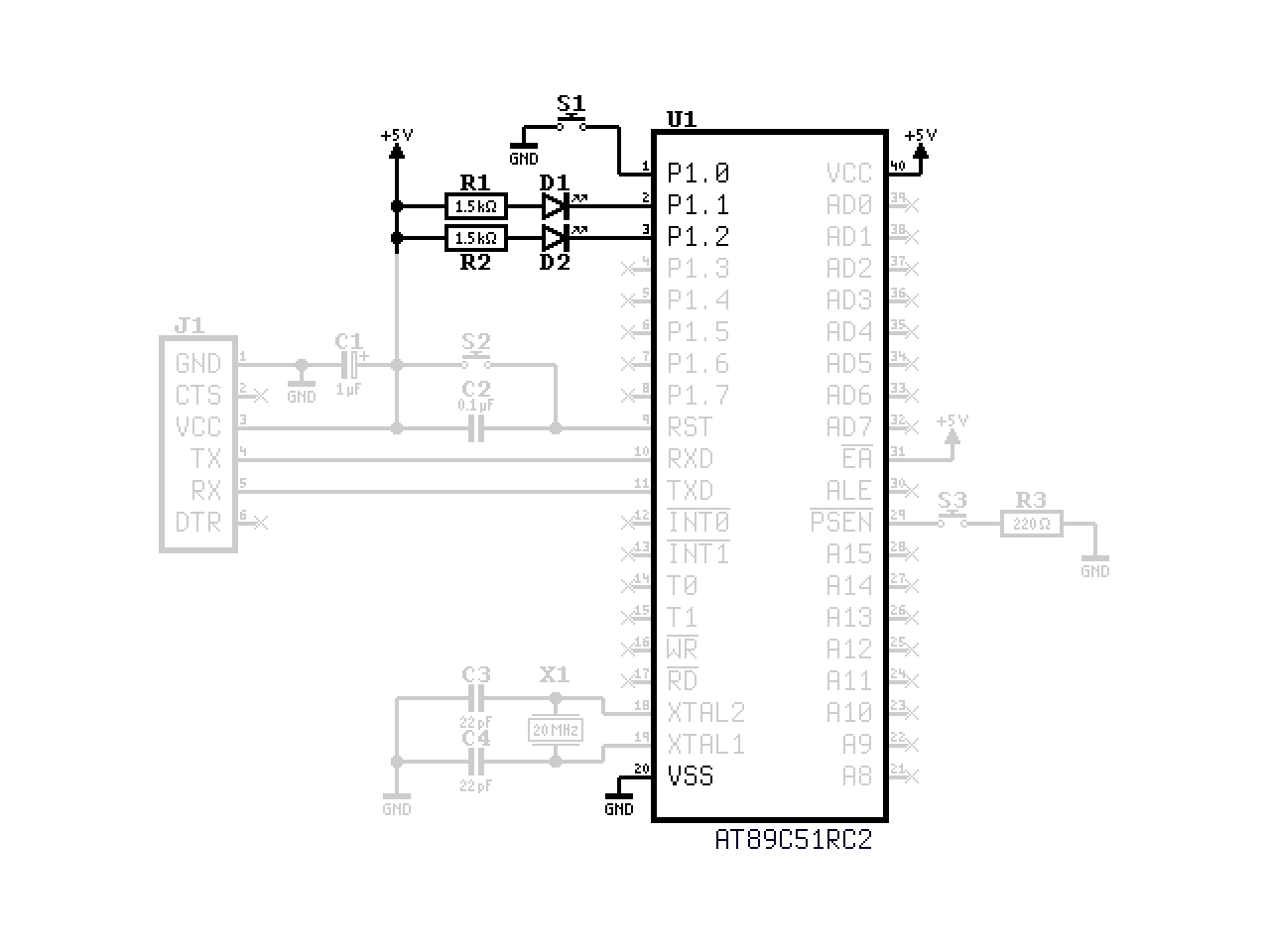 Schematic with the LED and button components highlighted.