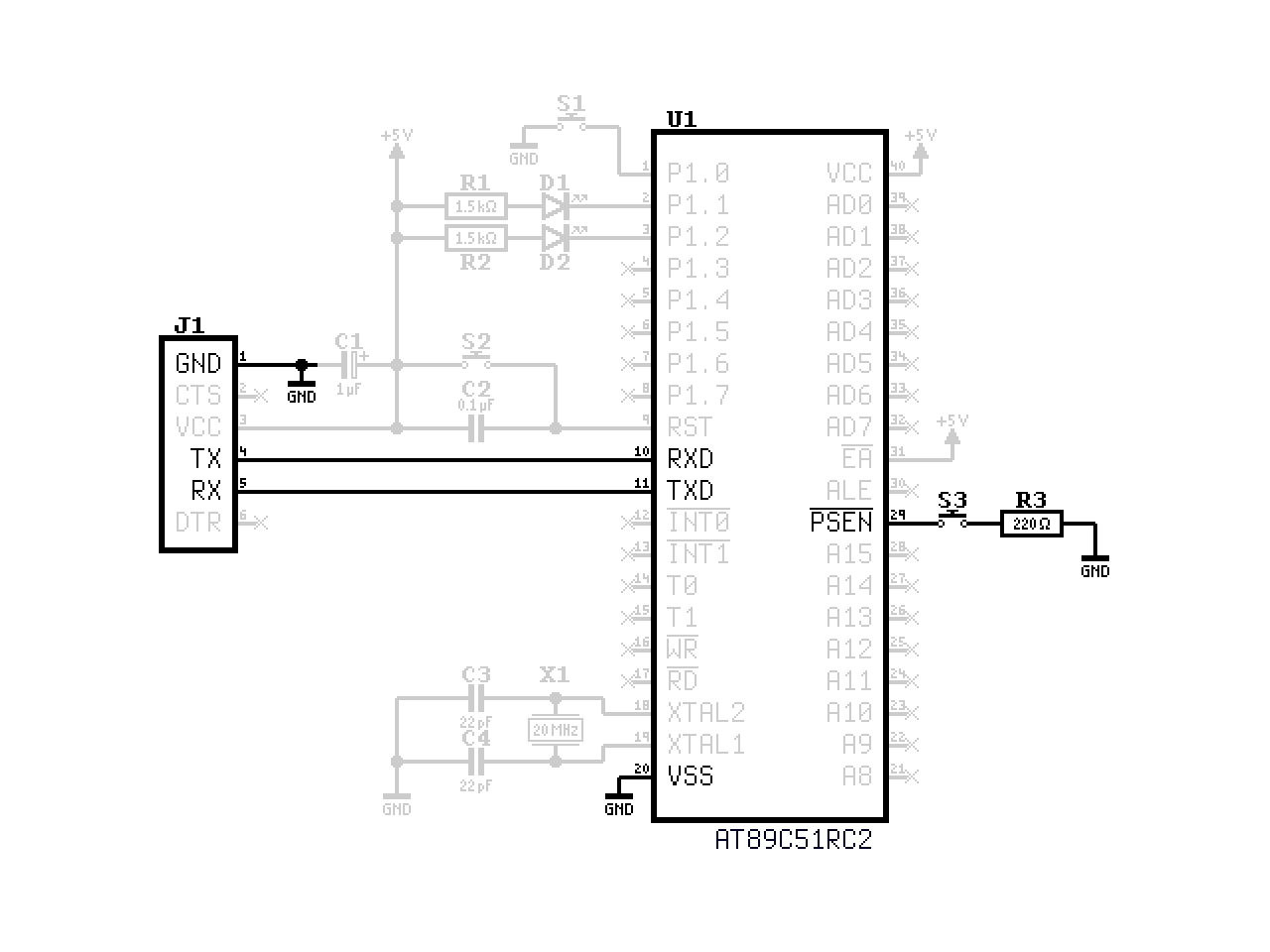 Schematic with the serial interface components highlighted.