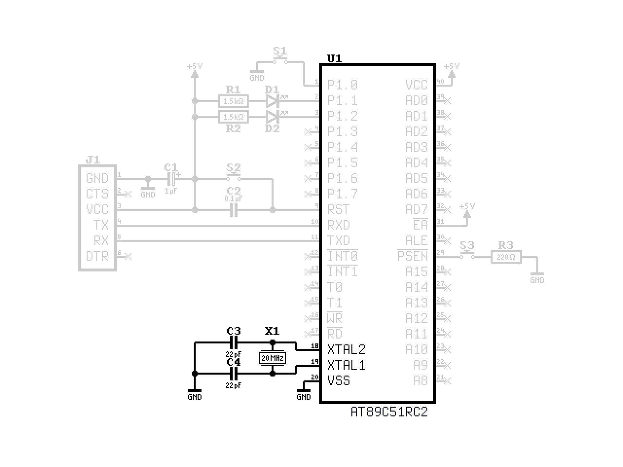 Schematic with the crystal oscillator components highlighted.